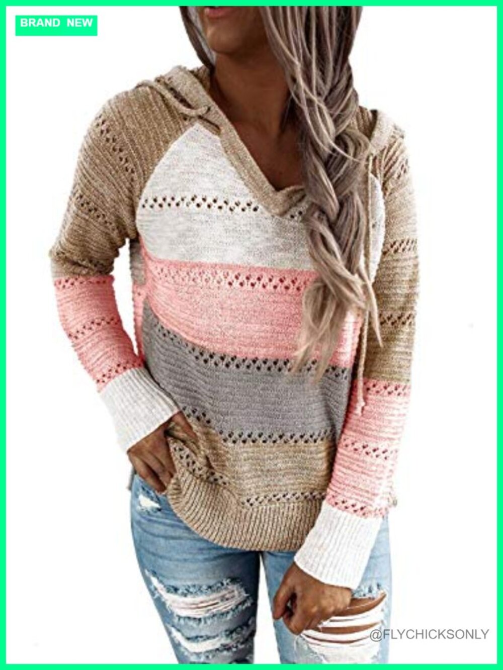 Women's Striped Crochet Knit Hoodie Sweater Casual Pullover